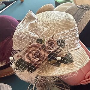 Chic Beige Floral summer cloche Women's Hat with Netting by  hopeless romantic